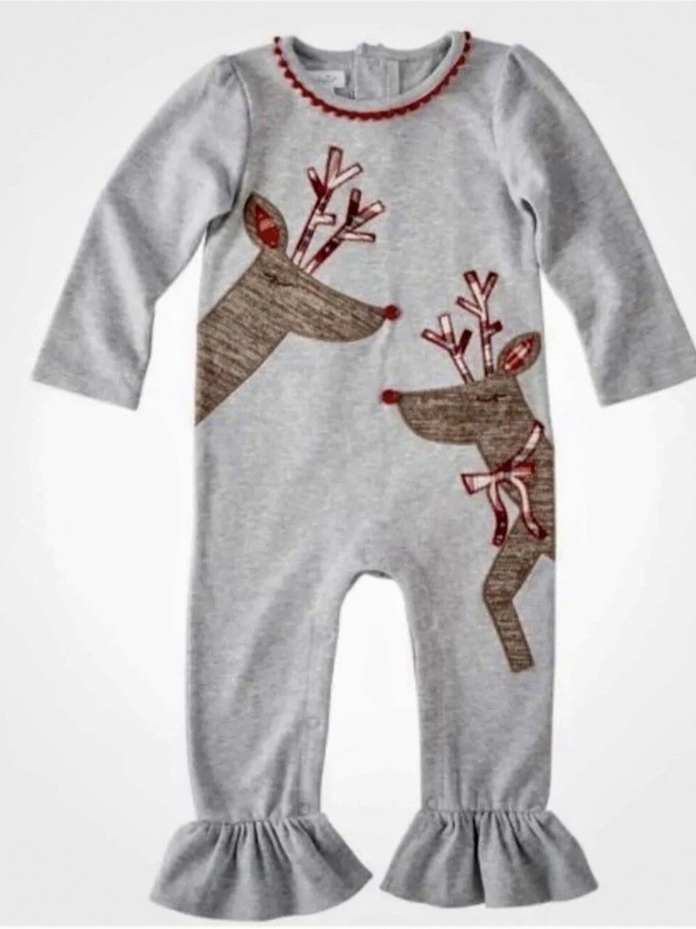 NWT Mud Pie Reindeer Ruffle Romper Gray & Red Baby 0-6 Months